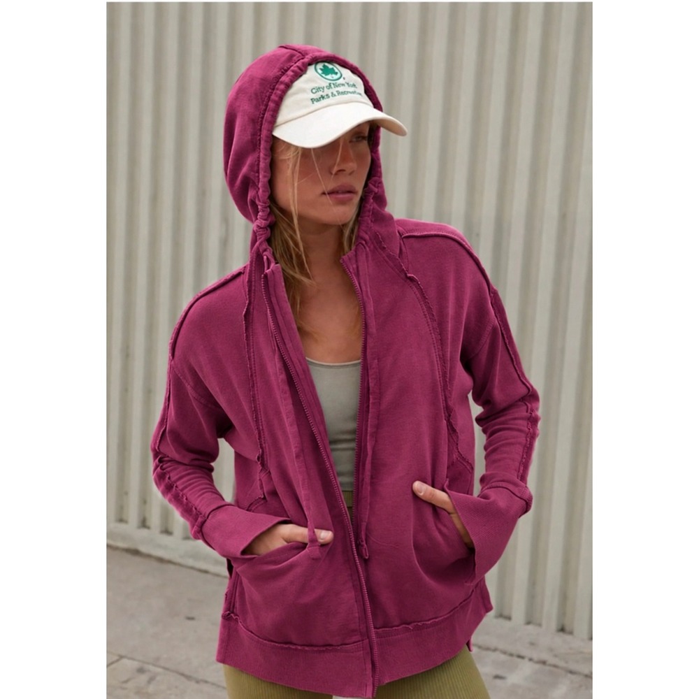 Free People Only One Zip Hoodie Womens Sz Small Berry Raw Seam Thumbhole